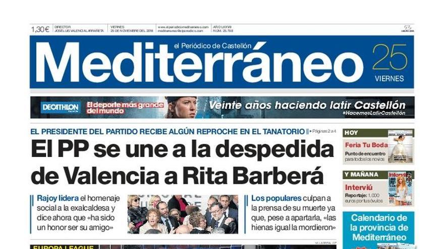 El PP se une a la despedida de Valencia a Rita Barberá, en la portada de Mediterráneo