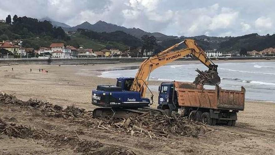 Maquinaria trabajando en las labores de limpieza de la playa de Santa Marina, ayer.