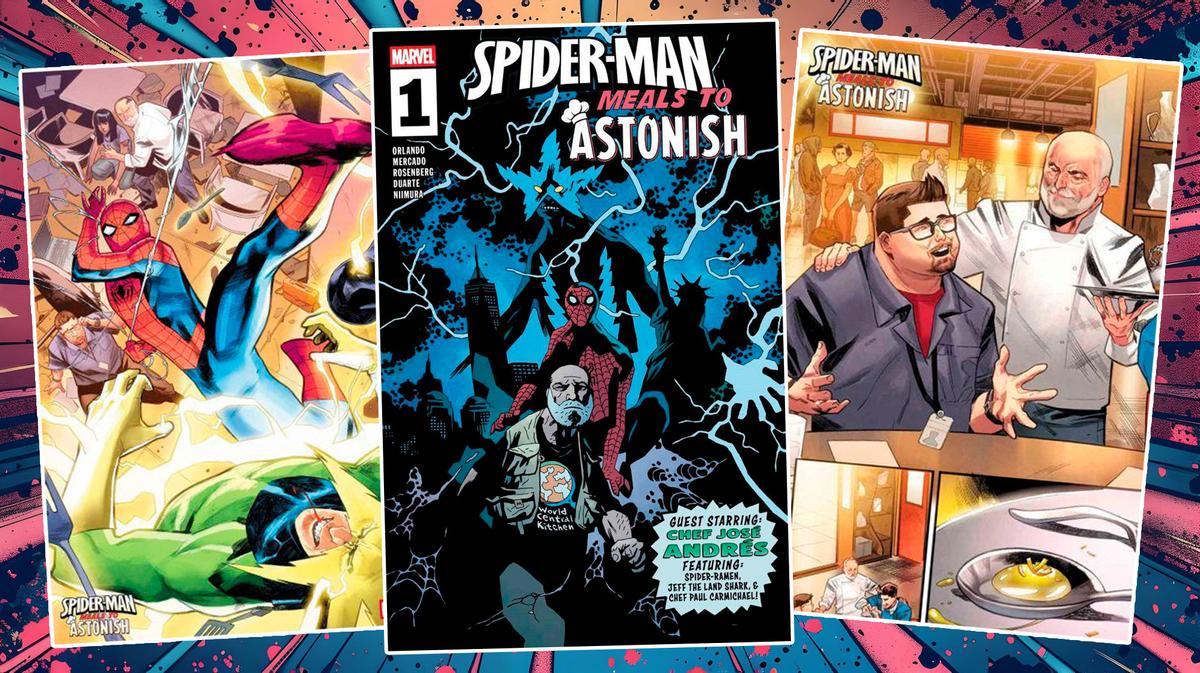 La portada y dos páginas de "Spider-Man: Meals to Astonish. 1", con José Andrés.