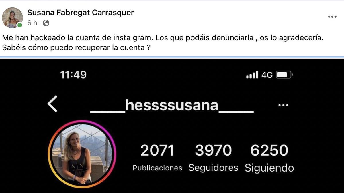Aviso que ha realizado Susana Fabregat en su perfil de Facebook advirtiendo de la sustracción de su cuenta de Instagram.