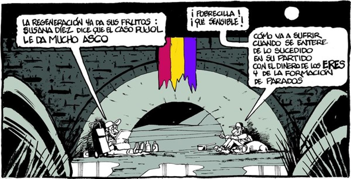 13 de septiembre del 2014. Ferreres muestra a dos mendigos hablando sobre el caso Pujol y el caso de los ERE, con dardo directo a Susana Díaz.