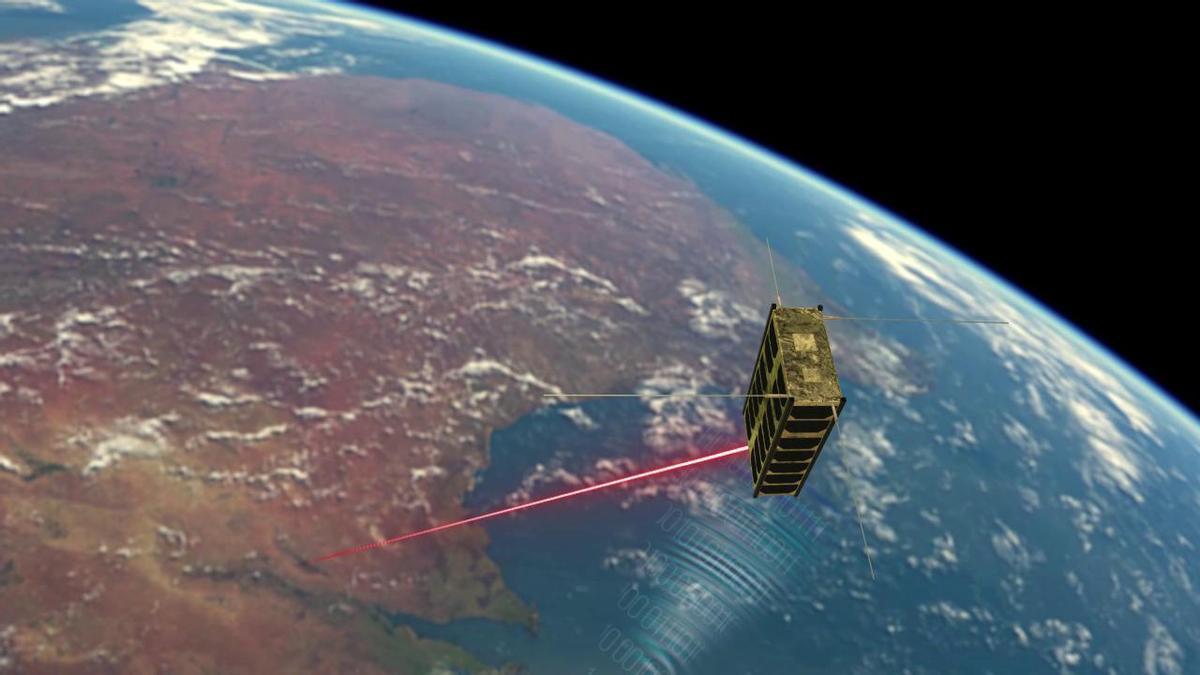 Recreación del satélite Odaliss de Emxys transmitiendo, por láser, datos a la Tierra.