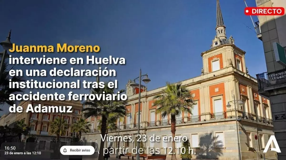 Juanma Moreno interviene en Huelva en una declaración institucional tras el accidente ferroviario de Adamuz