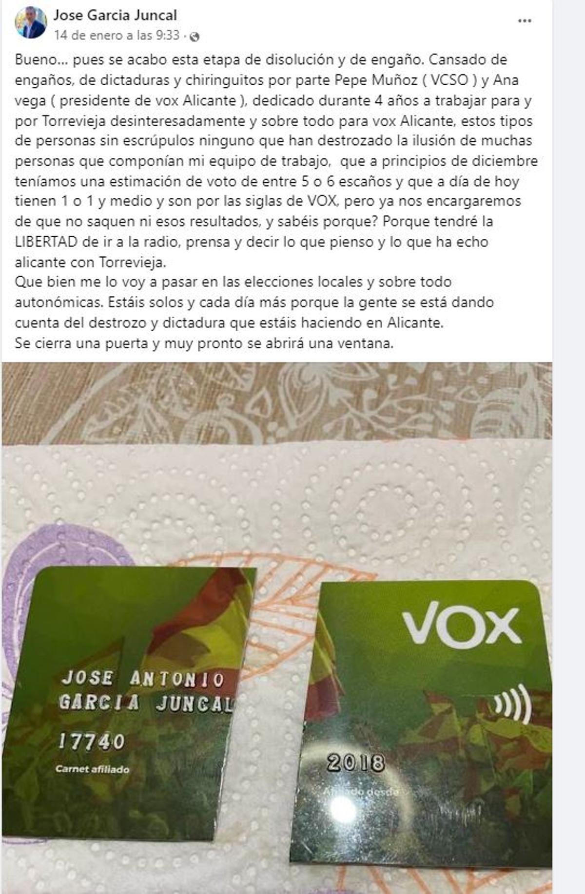 Mensaje de José García Juncal en su cuenta en Facebook para anunciar su renuncia