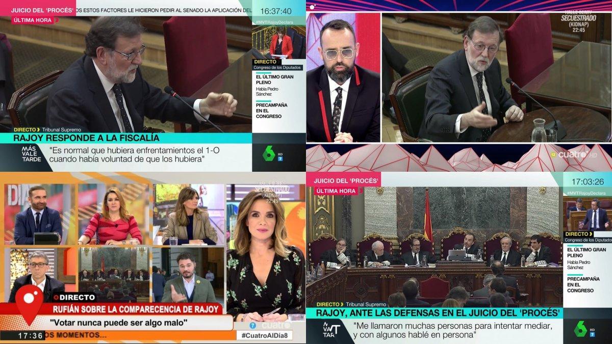 Imágenes de la cobertura de 'Todo es mentira', 'Más vale tarde' y 'Cuatro al día' de la declaración de Mariano Rajoy