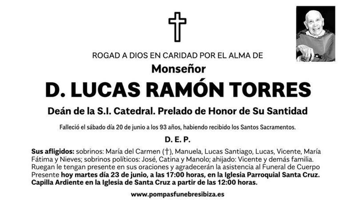 Esquela Monseñor D. Lucas Ramón Torres