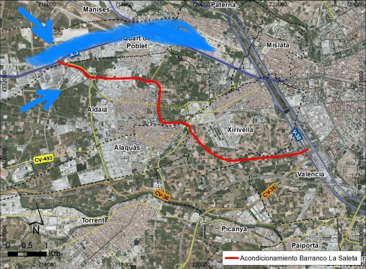 Afección a Quart de Poblet de la dana. Elaboración de Compromís a partir de proyecto del Barranc de la Saleta.