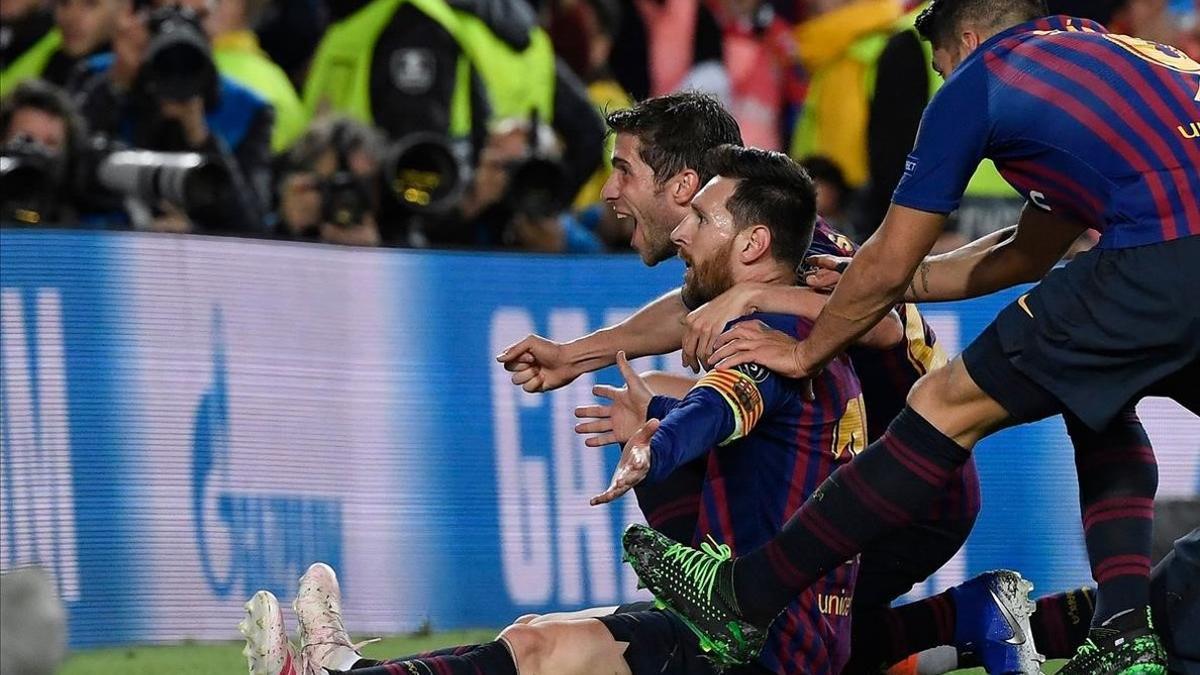 Messi celebra el tercer gol del Barça ante el Liverpool.