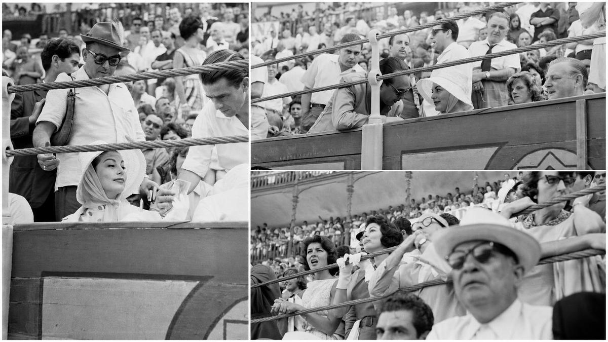 Ava Gardner, en la plaza de toros de La Malagueta en agosto de 1960. En una de las imágenes charla con el periodista Matías Prats.