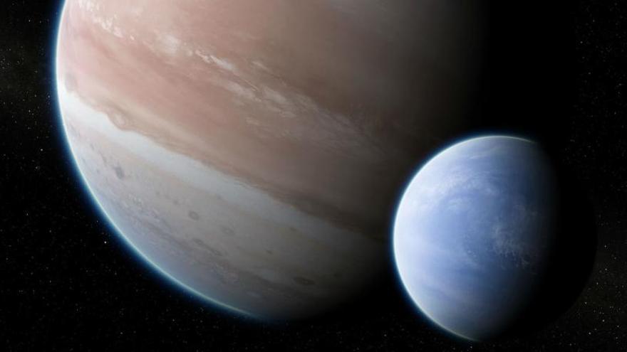 Recreacción del exoplaneta Kepler-1625b con su exoluna.