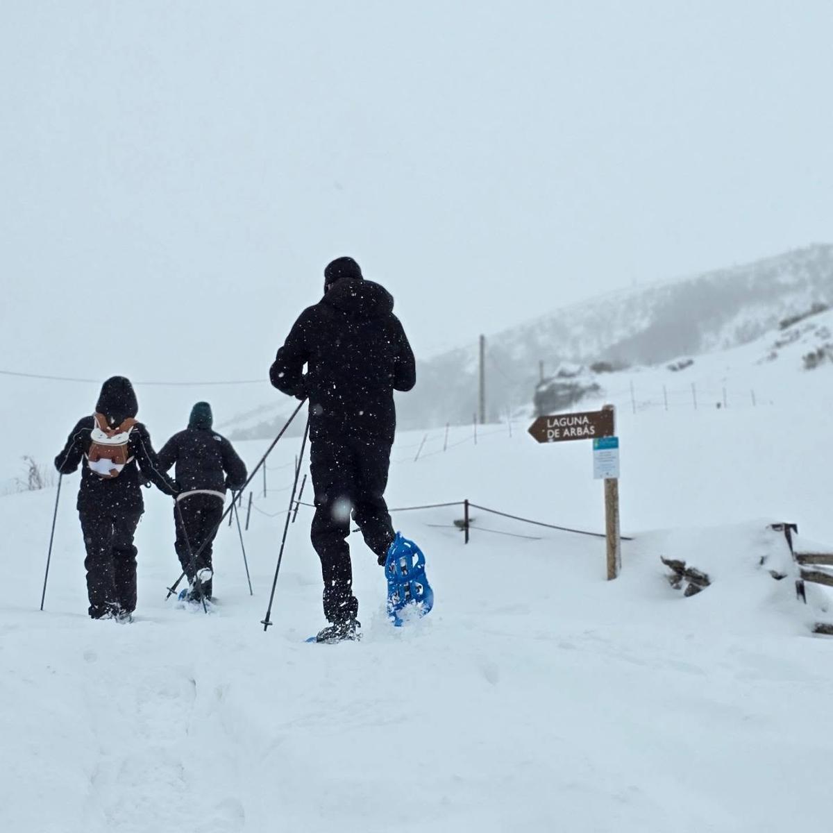 Un grupo de personas realizando una ruta bajo la nieve en Leitariegos.