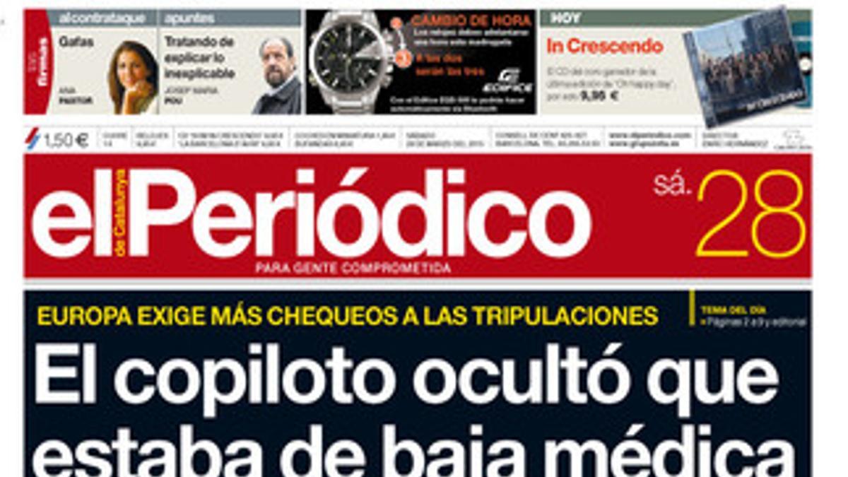 La portada de este sábado 28 de marzo del 2015.