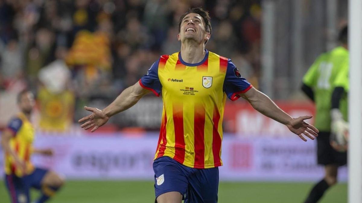 Bojan Krkic celebra su gol, el primero de Catalunya, en el amistoso ante Venezuela en Montilivi.