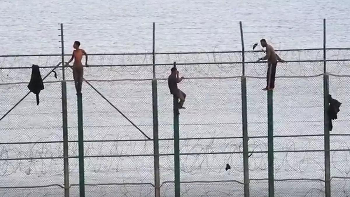 Migrantes subsaharianos durante un intento de salto a la valla de Melilla
