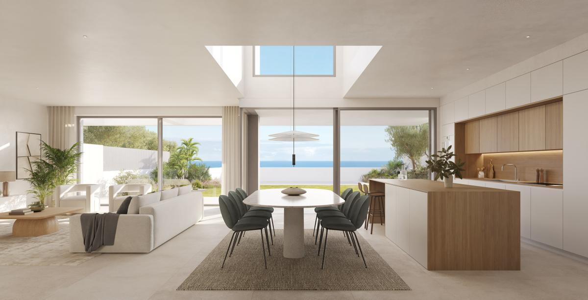 Salón con comedor y cocina integrada de las futuras viviendas de la nueva promoción Singulare de AEDAS Homes en Las Palmas de Gran Canaria.