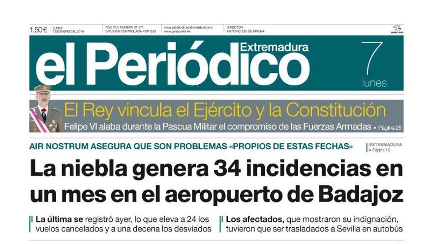 Esta es la portada de EL PERIÓDICO EXTREMADURA correspondiente al día 7 de enero del 2019