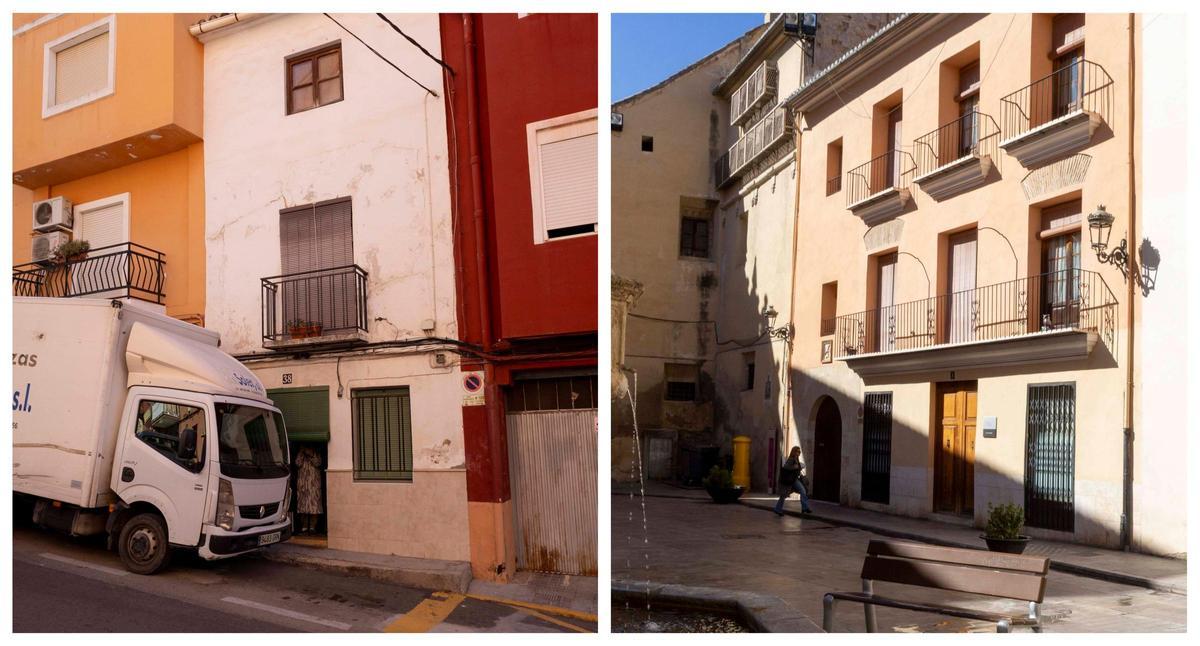 A la izquierda, la casa más barata, a subasta en la calle Teresa Jornet. A la derecha, la más cara, en la plaza de la Trinitat.