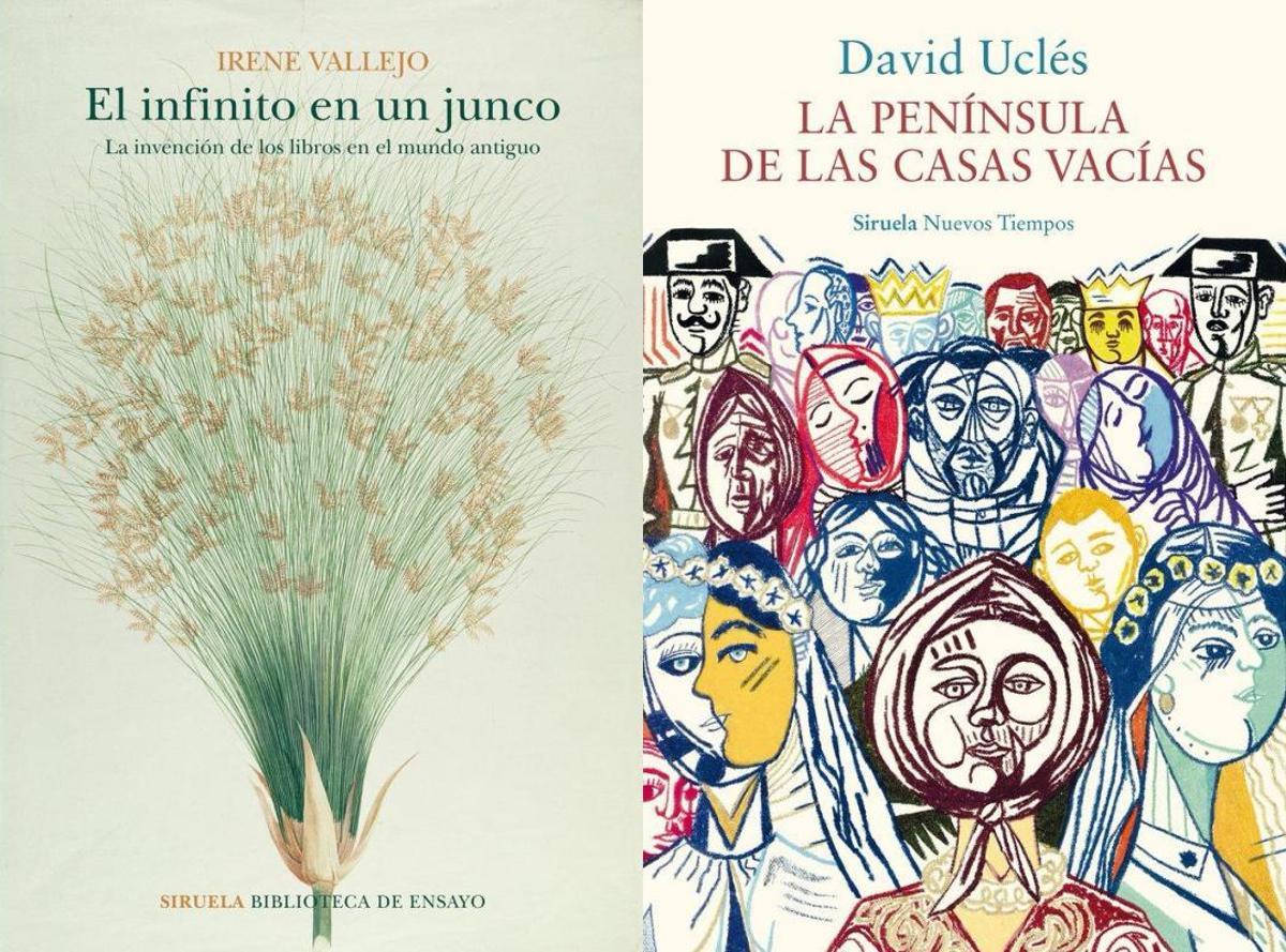 Las portadas de 'El infinito en un junco' y 'La península de las casas vacías'.