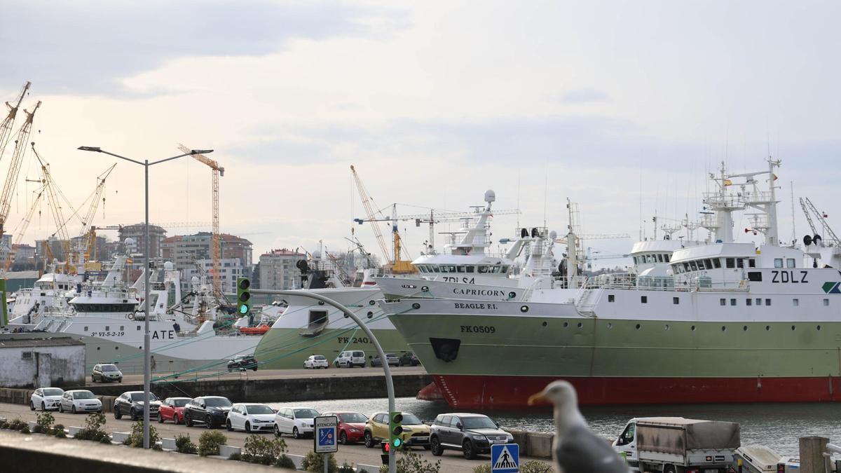 Barcos arrastreros congeladores de la flota de Malvinas en el muelle de Beiramar.