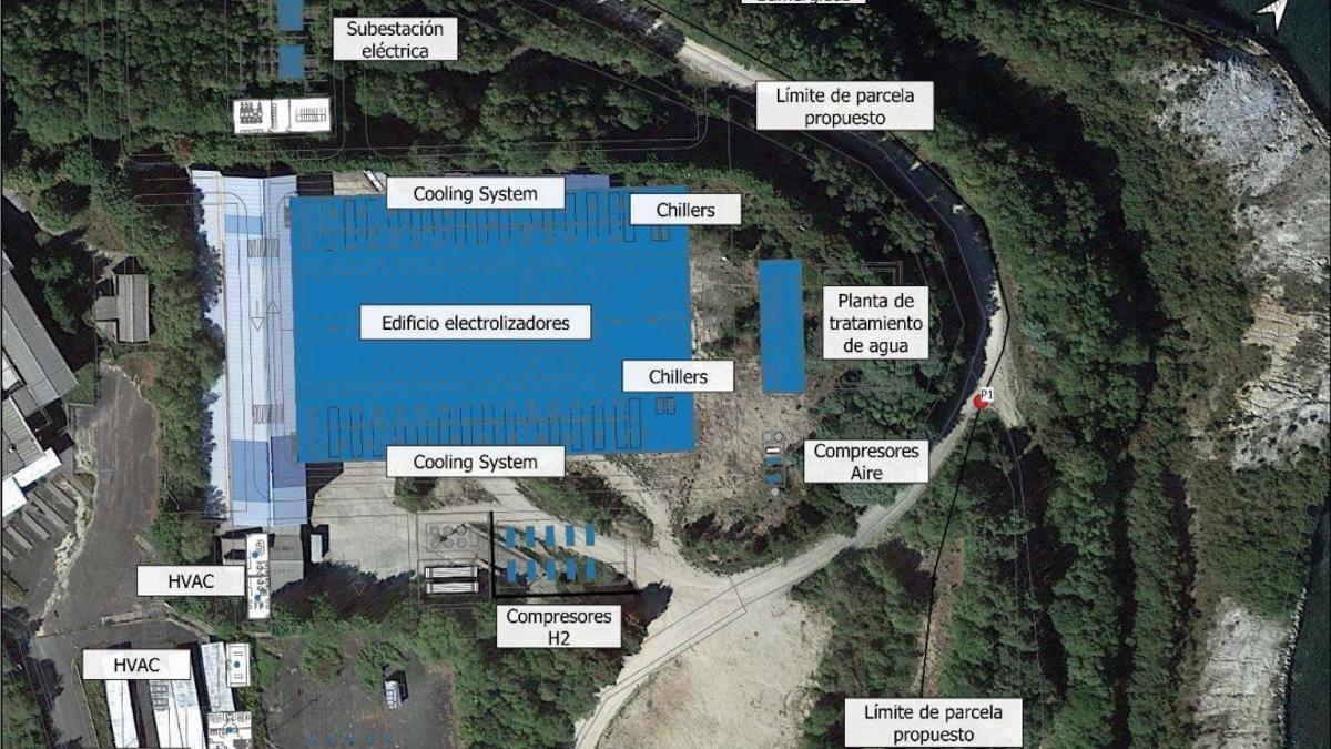 Infografía del proyecto H2Pole en la zona de la antigua térmica de As Pontes, que ha recibido fondos europeos.