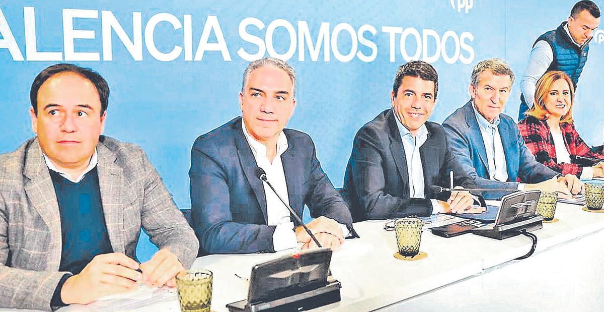 Llorca, Bendodo, Mazón, Feijóo, Catalá y Mompó, en un acto de partido.