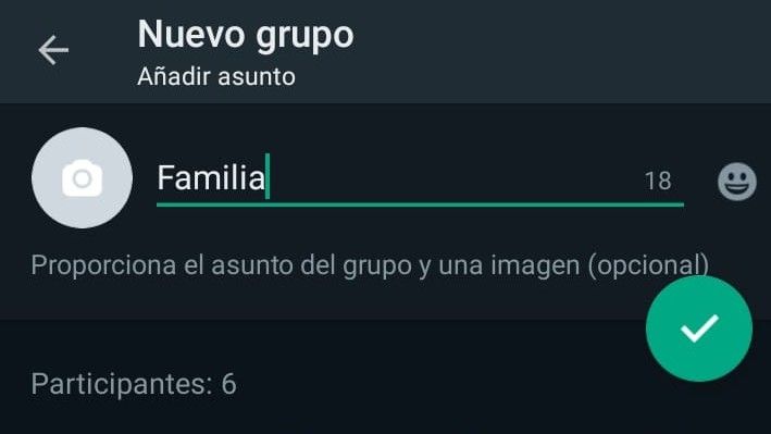 Pantallazo de creación de grupo de Whatsapp