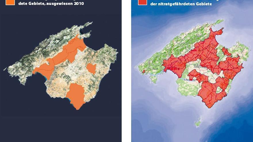 Jetzige (li.) und künftige Ausweisung: Die nitratgefährdeten Gebiete auf Mallorca sollen auf der Basis neuer Daten ausgeweitet werden.