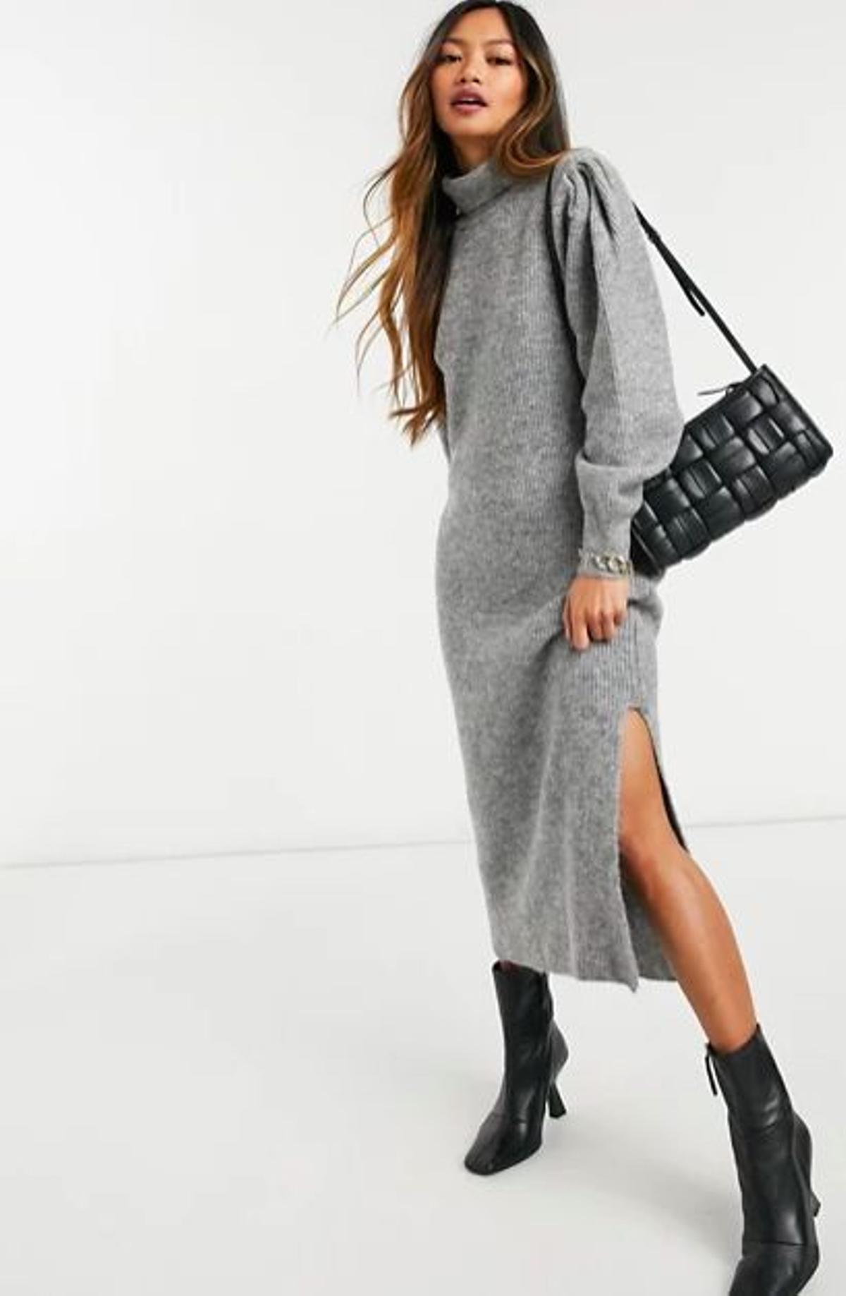 Vestido midi gris de punto con hombros abullonados de ASOS DESIGN