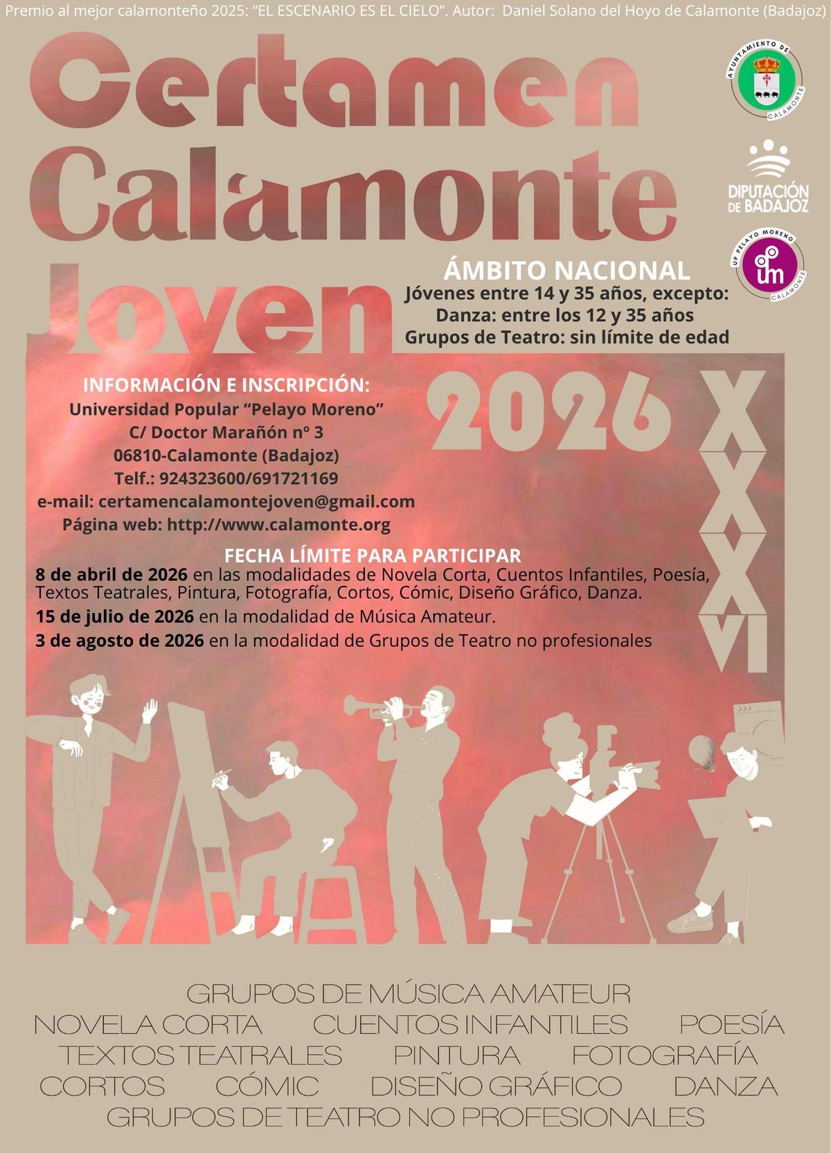 Imagen promocional de “Calamonte Joven 2026”, la convocatoria dirigida a jóvenes creadores con disciplinas que van de la literatura a la música y la danza.