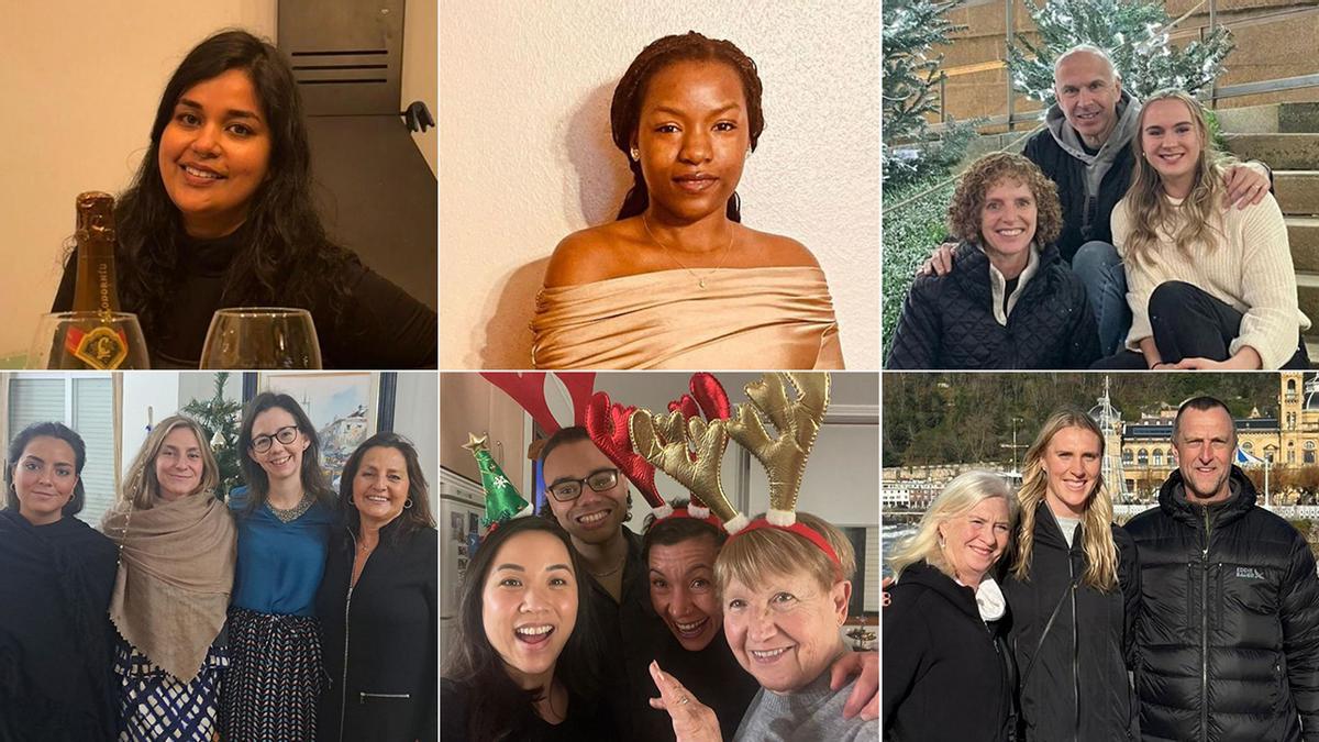 Desde arriba a la izquierda: Anuradha Acharjee, de Nueva Delhi; Euridice Menezes Do Espírito Santo; Brynna Maxwell, con sus padres; Valeria Colombo (2ª drcha.), con sus primas Sandra Romero, Lucía Romero y Belén Sanjurjo; Frankie Ramírez, con su amiga Pattaya, la cuñada de ella y la suegra y Samantha Cooper, con sus padres.