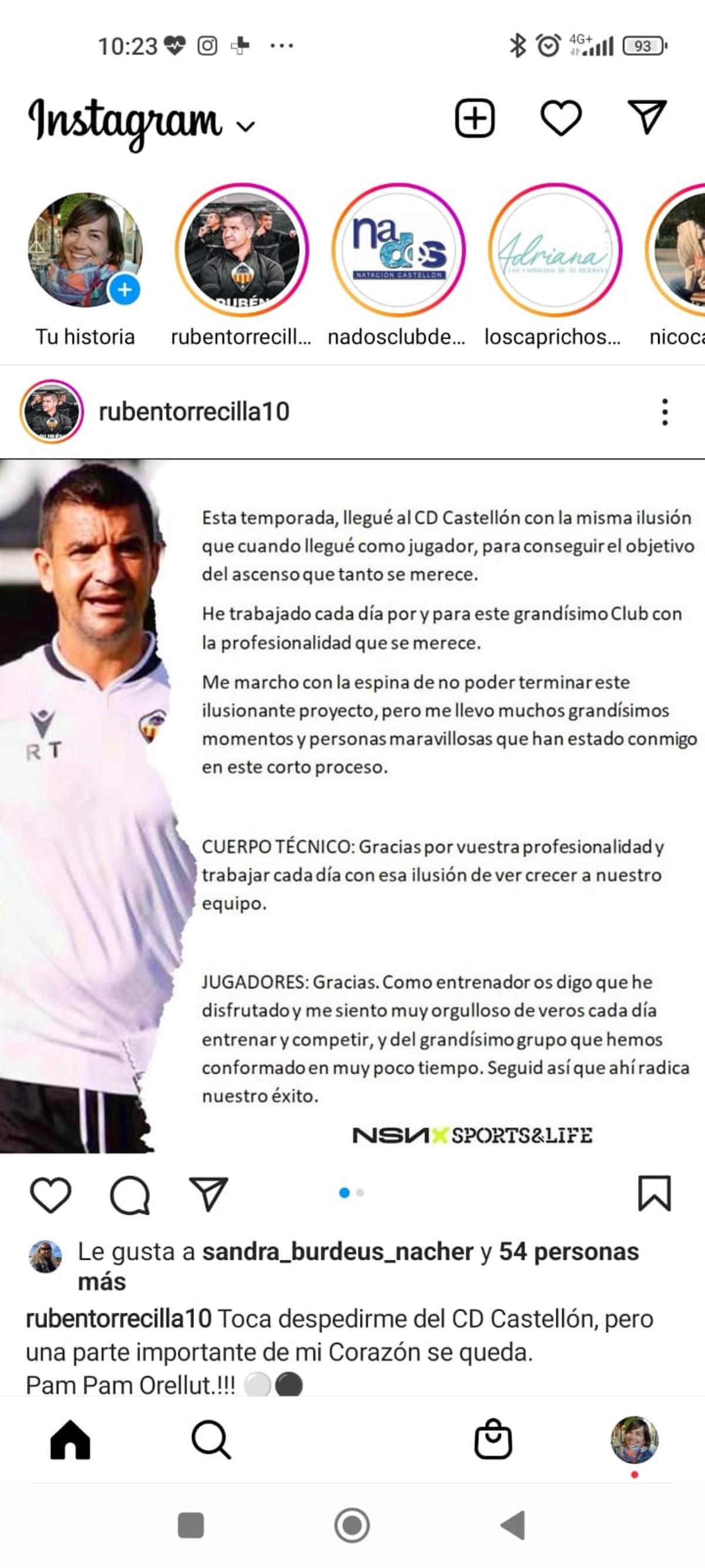 La carta de despedida de Rubén Torrecilla como entrenador del CD Castellón.