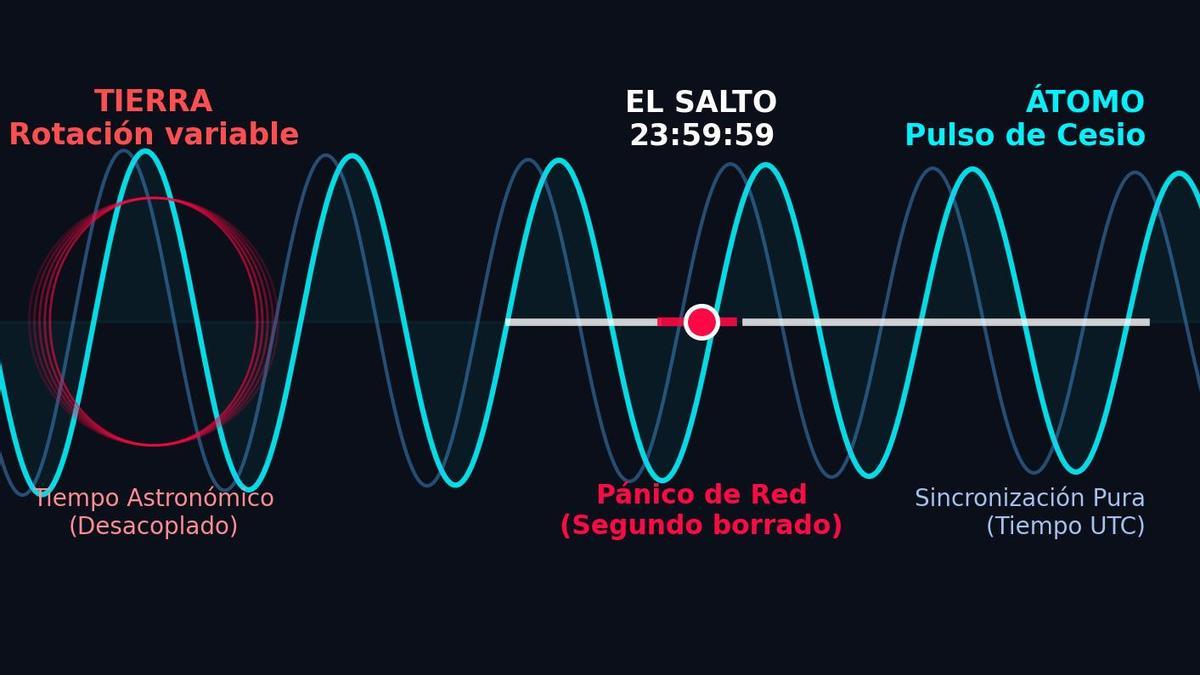 La colisión del tiempo. Infografía conceptual que ilustra la desconexión entre la rotación variable de la Tierra (rojo) y el pulso cuántico e imperturbable del reloj atómico (cian). El vacío central representa el salto digital que amenaza la estabilidad de los servidores globales.