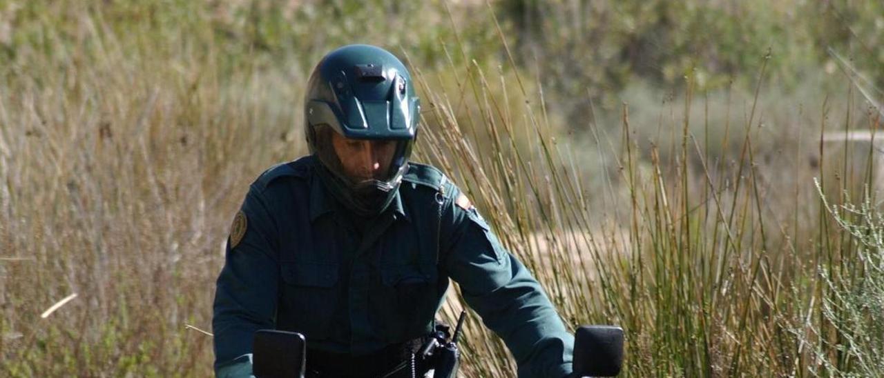 Un agente del Seprona conduciendo su moto por un paraje regional.
