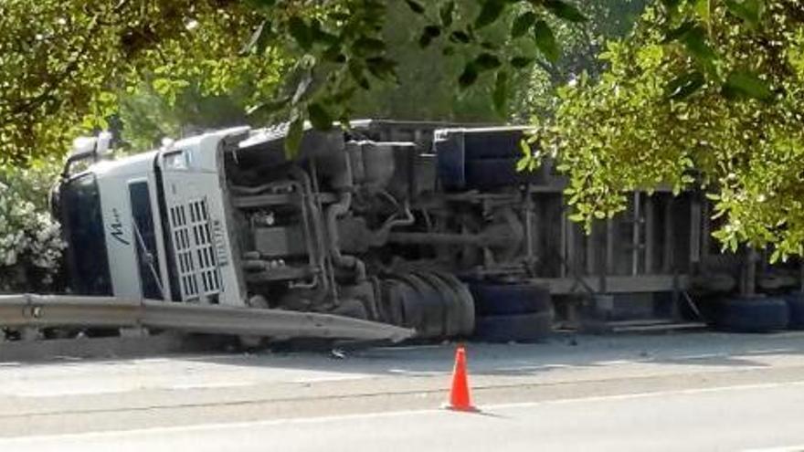 Imatge del camió bolcat, ahir al matí, en un marge de la carretera