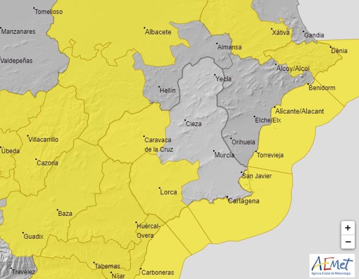 Mapa de alerta meteorológica en la Región de Murcia