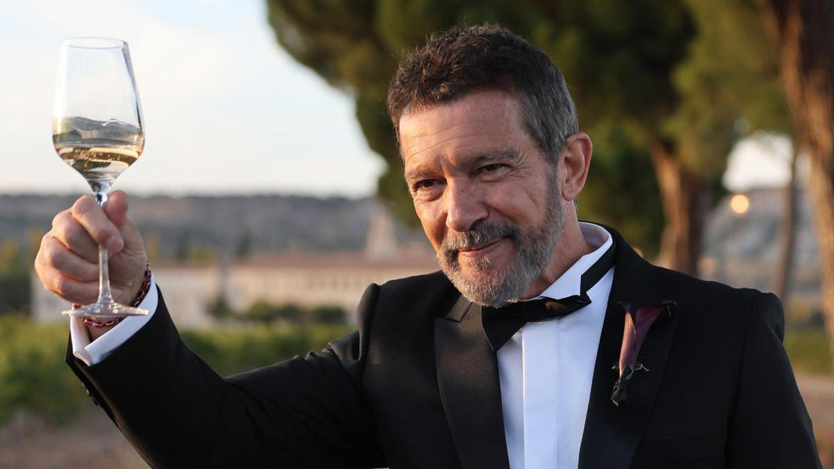 Antonio Banderas brinda tras la celebración de la boda de su hija, Stella del Carmen.