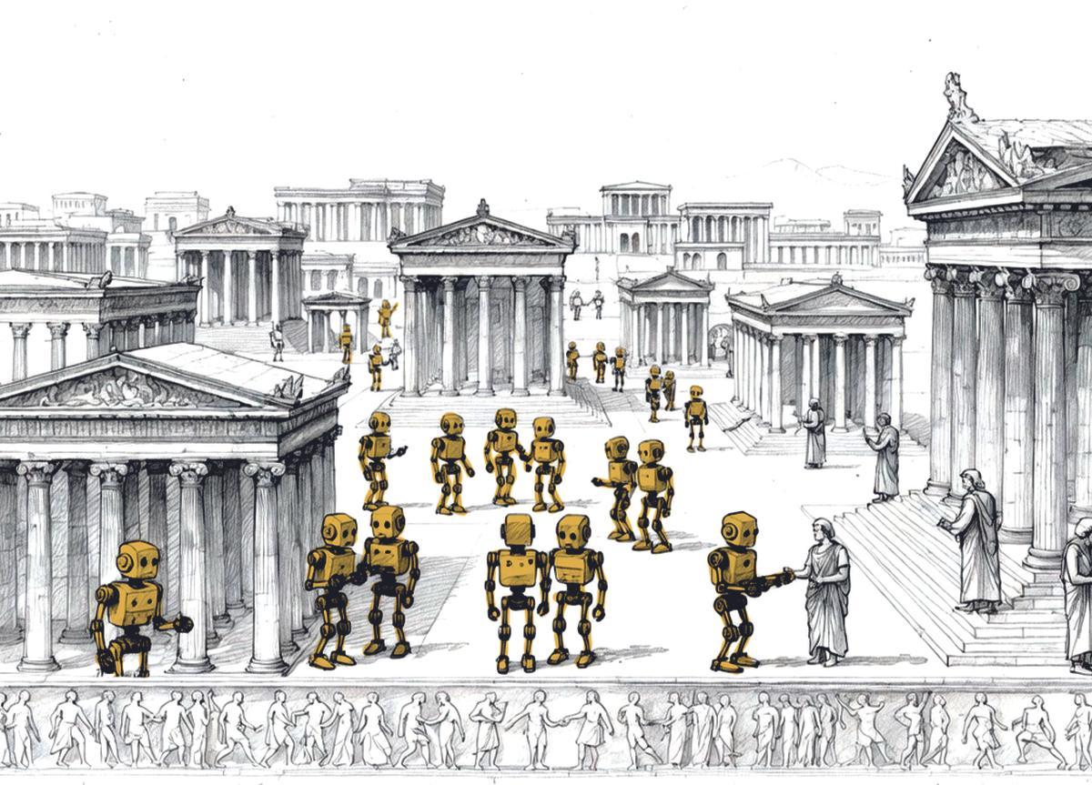 Ilustración que imagina la Sociedad del Algoritmo a través de robots en la antigua Grecia.