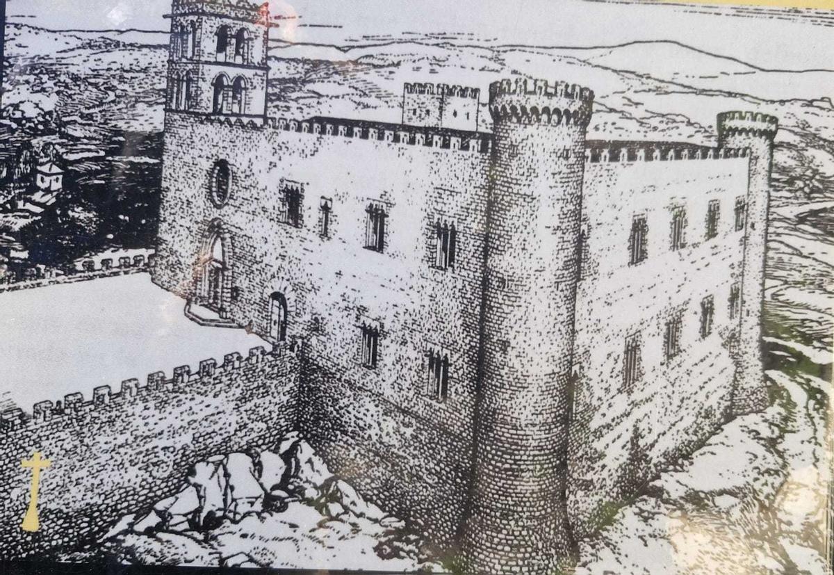 Representació històrica del Palau dels Cabrera. Dibuix de l’Ajuntament de Blanes reproduït en el plafó informatiu de la Creu dels Pirates (Blanes). A la part inferior esquerra s’hi observa la representació de la ubicació de la creu.