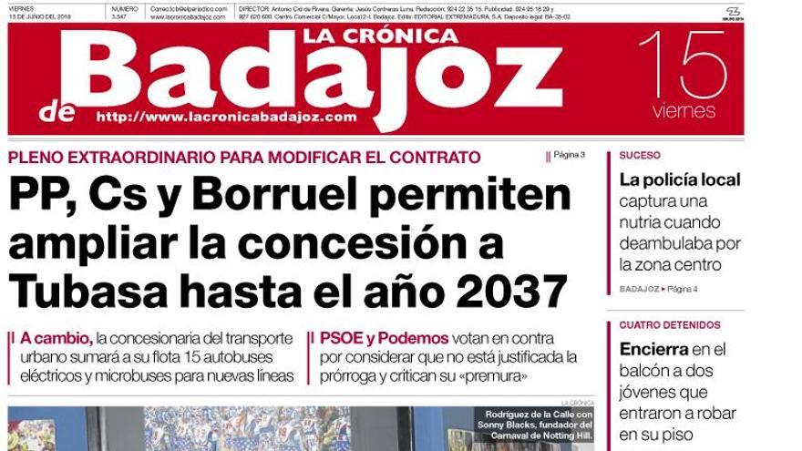 Esta es la portada de LA CRÓNICA DE BADAJOZ correspondiente al día 15 de junio del 2018