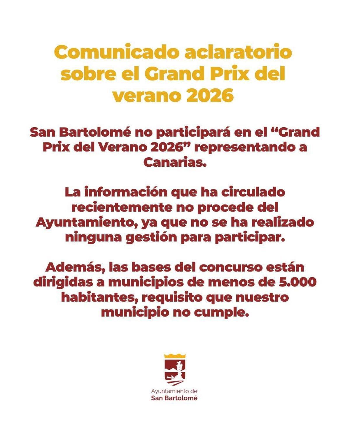 El Ayuntamiento de San Bartolomé desmiente que vaya a participar en 'El Grand Prix del Verano' 2026