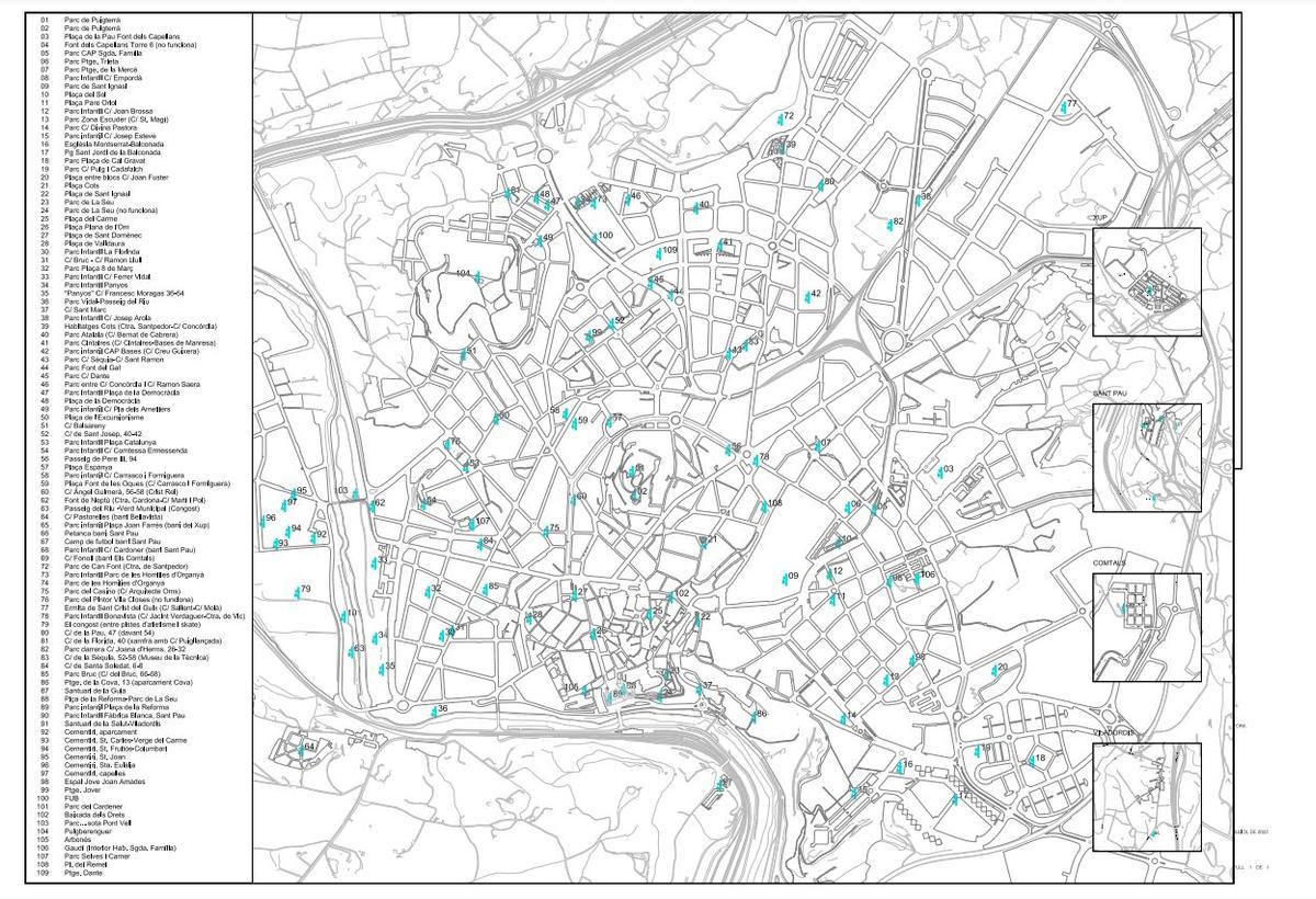 El mapa de les 113 fonts públiques de Manresa
