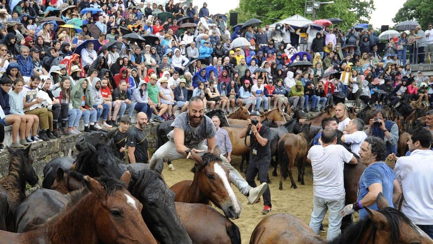 El aloitador Jorge Casal salta sobre una besta ante la mirada de todo el curro. | // BERNABÉ/JAVIER LALÍN