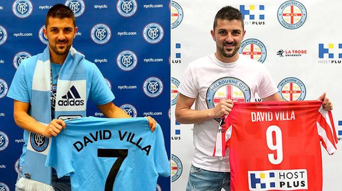 David Villa, amb les samarretes del New York City (esquerra) i el Melbourne City. David Villa, amb les samarretes del New York City (esquerra) i el Melbourne City.