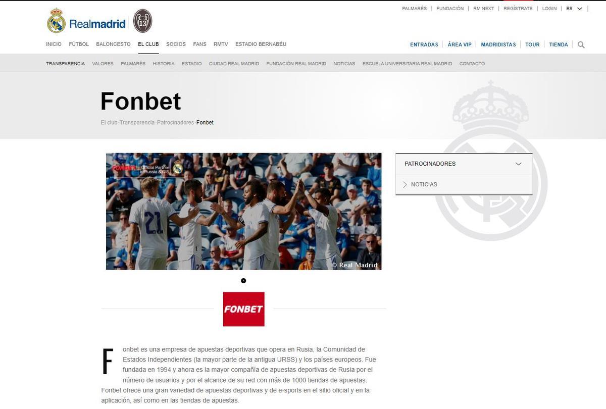 La página web del Real Madrid en la que aparece Fonbet