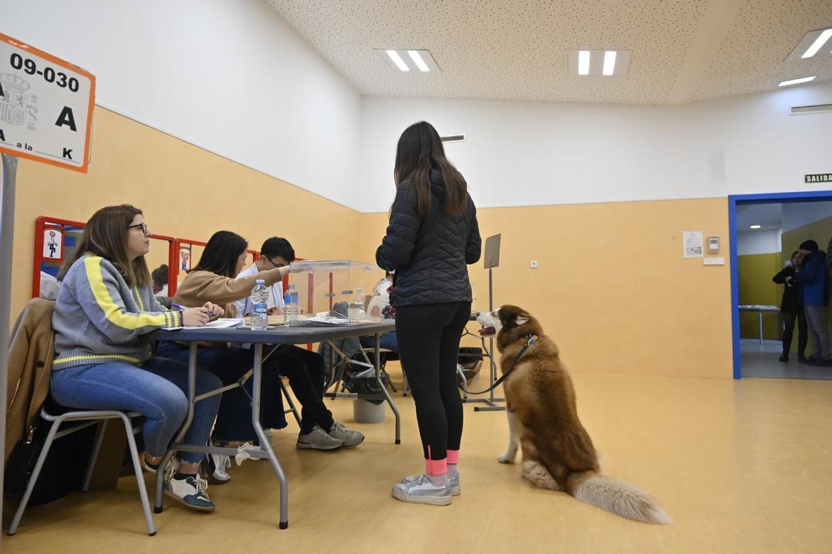 Una mujer vota en un colegio electoral de Zaragoza junto a su perro