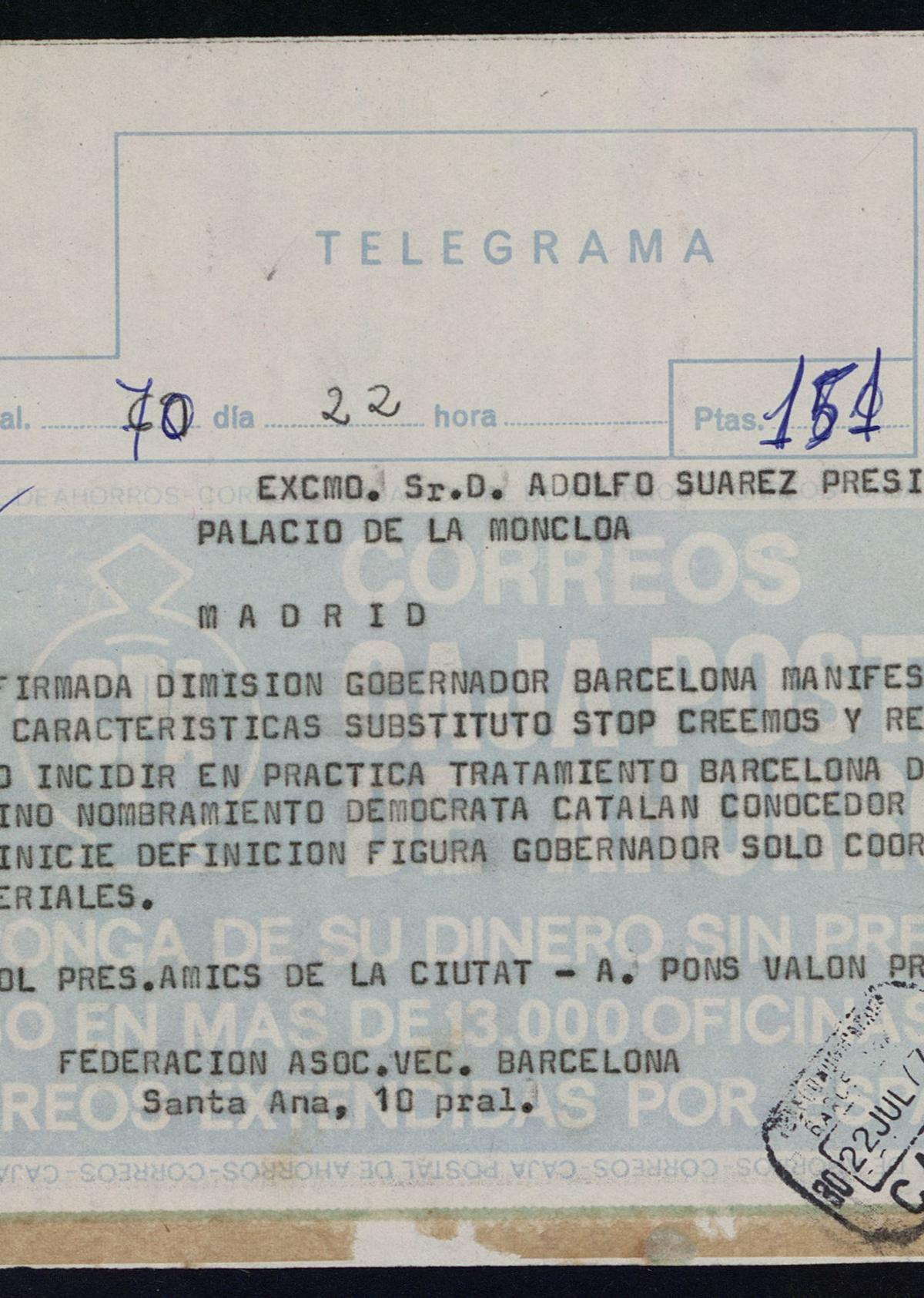 Telegrama que la FAVB envió en 1977 al presidente del Gobierno Adolfo Suárez para influir en la designación del nuevo gobernador provincial.