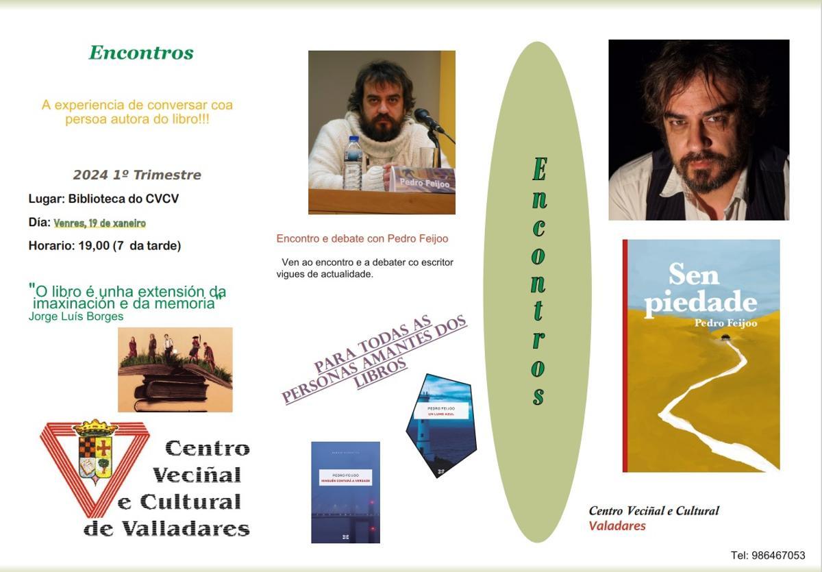 Cartel del encuentro con el escritor Pedro Feijoo.