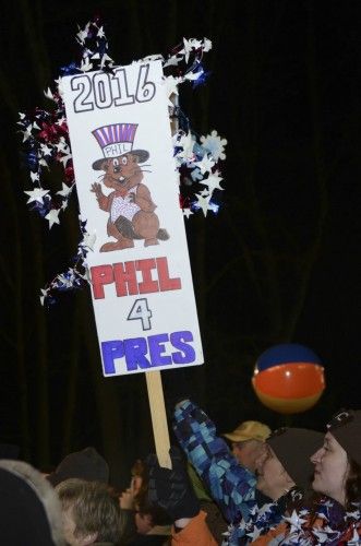 Fans promote their favorite groundhog, Punxsutawney Phil, prior to his annual weather prediction on Gobbler's Knob on the 130th Groundhog Day in Punxsutawney