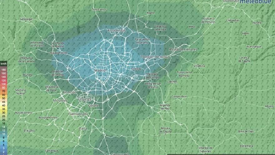 Líneas del viento en Madrid a 10 m sobre el suelo a 4 de agosto de 2022. La configuración topográfica determina zonas más expuestas y zonas menos expuestas. Meteoblue, CC BY-NC