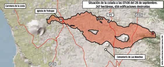 Situación de la colada a las 07:08 del 28 de septiembre. 267 hectáreas, 656 edificaciones